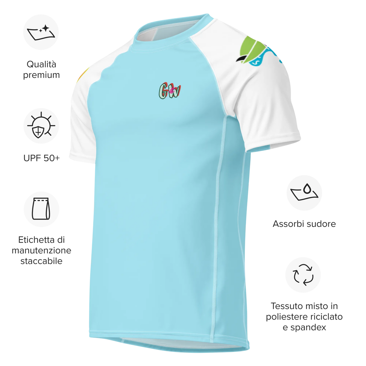 Light blue rash guard mit weißen Ärmeln, seitlichem Print und kleiner GvG-Grafik