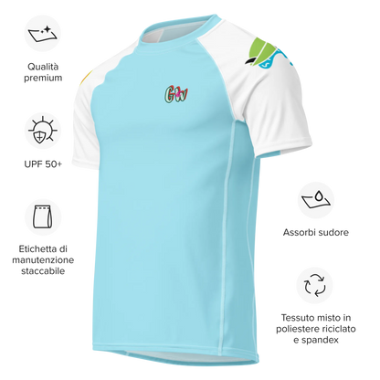 Light blue rash guard mit weißen Ärmeln, seitlichem Print und kleiner GvG-Grafik