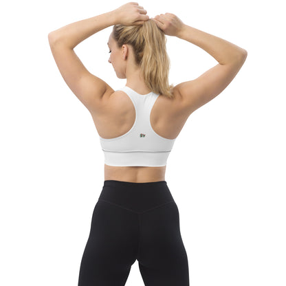 Rückansicht: weißer Longline-Sport-BH mit Racerback, elastischem Unterbrustbund