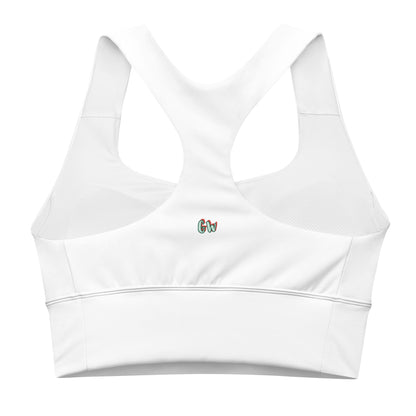 Recycled longline Sports Bra, weiß, breiter Träger-Rücken, gesticktes Gw-Logo
