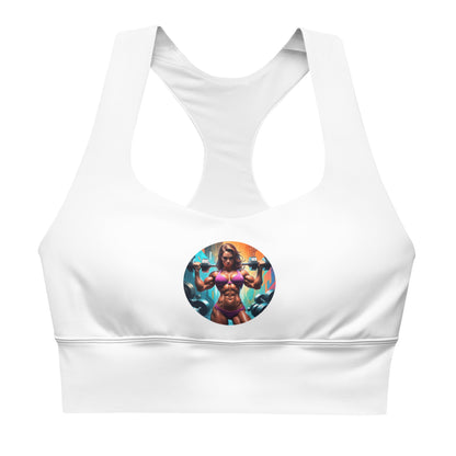 Recycled Longline Sports Bra, weißer Racerback-Sport-BH mit breitem Unterbrustband