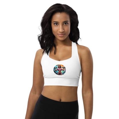 Weißer Racerback-Sport-BH mit Logo auf der Brust und breitem Unterbrustband