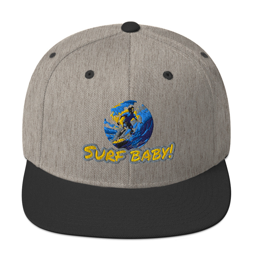 Snapback Hat "Surf Baby" in grauem Melange mit blau-gelbem Frontlogo, schwarz
