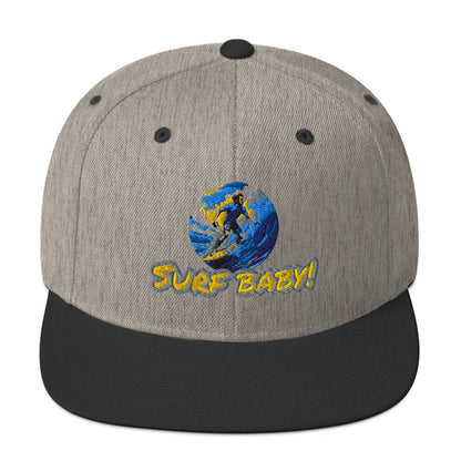 Snapback Hat "Surf Baby" in grauem Melange mit blau-gelbem Frontlogo, schwarz