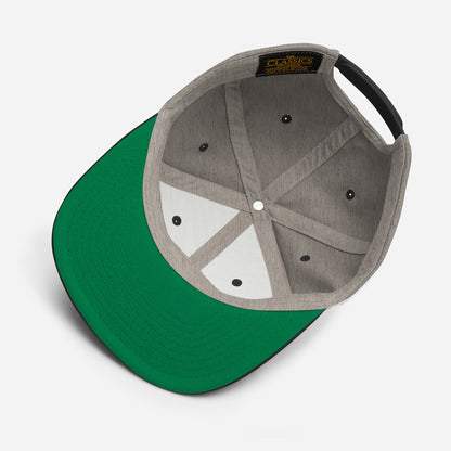 Snapback Hat Innenansicht mit grauen Panels und grünem Außenbereich am Schirm