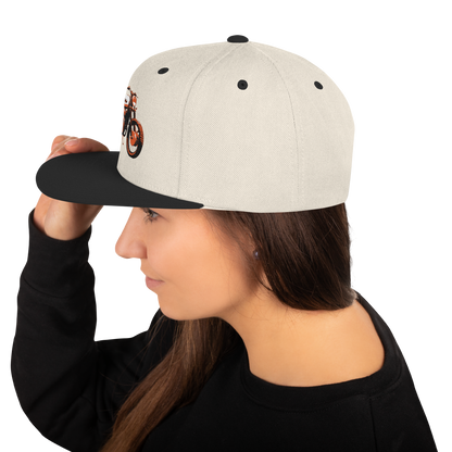 Natural Snapback with orange bike patch, black side strip and black brim