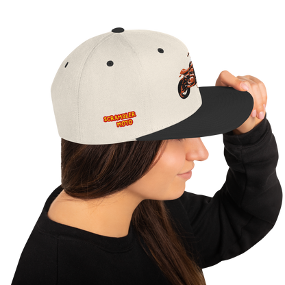 Natural/Black Snapback with SCRAMBLER MOTO logo and orange bike side patch