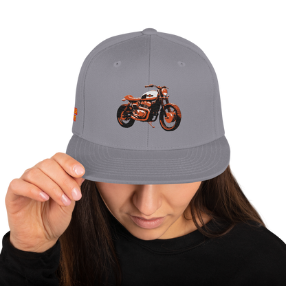 Scrambler Snapback Hat in heather grey with black brim, front motorcycle graphic logo