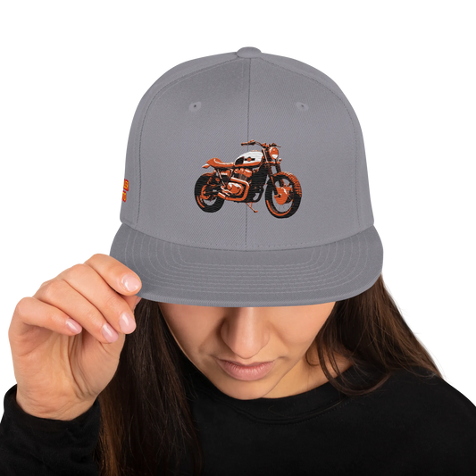 Scrambler Snapback Hat in heather grey with black brim, front motorcycle graphic logo