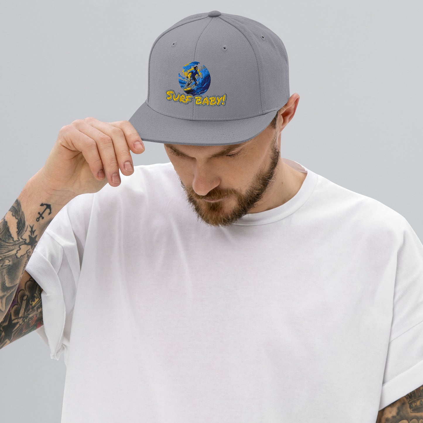 Snapback Hat "Surf Baby" in grau mit blau-gelbem Frontlogo-Stickerei