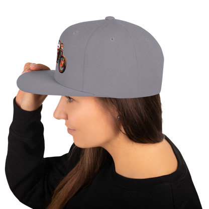 Scrambler Snapback Hat side view, heather grey cap with motorcycle patch on front