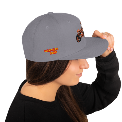 Scrambler Snapback Hat side embroidery, heather grey with black brim and “SCRAMBLER MOTO” logo