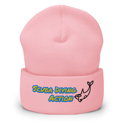 Baby Pink Scuba Cuffed Beanie, ribbed knit with embroidered scuba action logo