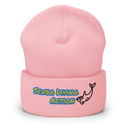 Baby Pink Scuba Cuffed Beanie, ribbed knit with embroidered scuba action logo