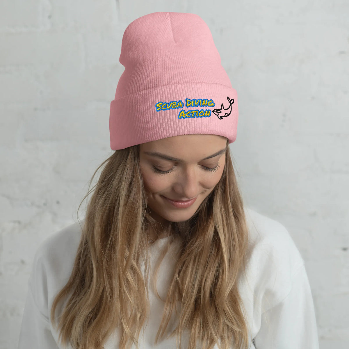 Baby Pink Scuba Cuffed Beanie, ribbed beanie with embroidered scuba action logo