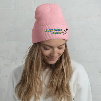 Baby Pink Scuba Cuffed Beanie, ribbed beanie with embroidered scuba action logo