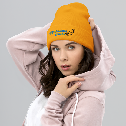 Scuba Cuffed Beanie in Gold, ribbed knit hat with embroidered scuba action logo