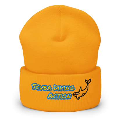 Gold Scuba Cuffed Beanie, ribbed knit with embroidered scuba action logo