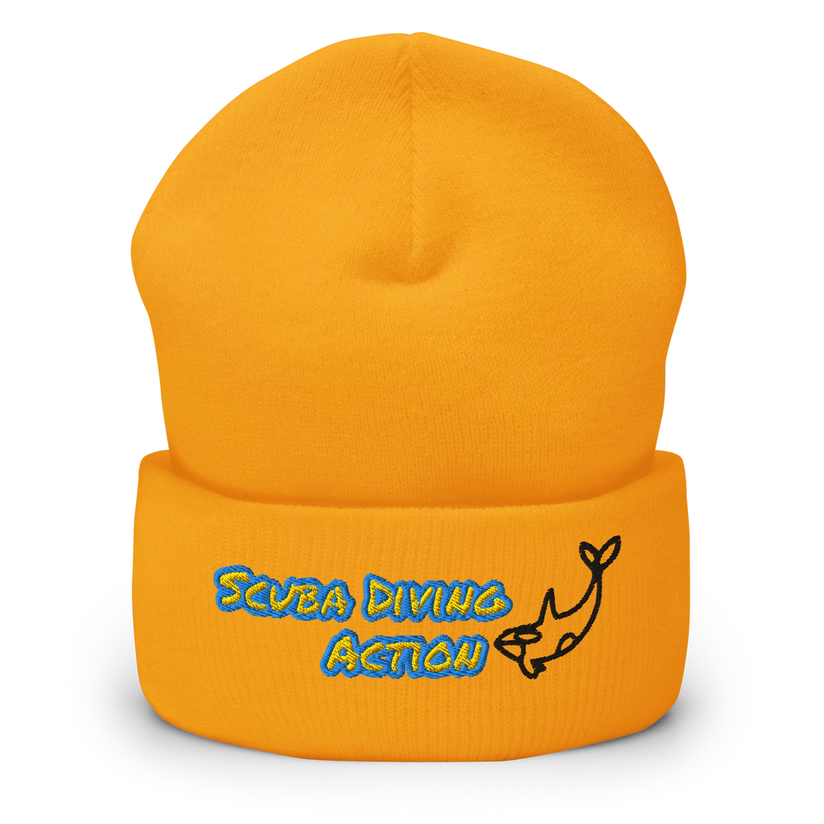 Gold Scuba Cuffed Beanie, ribbed knit with embroidered scuba action logo