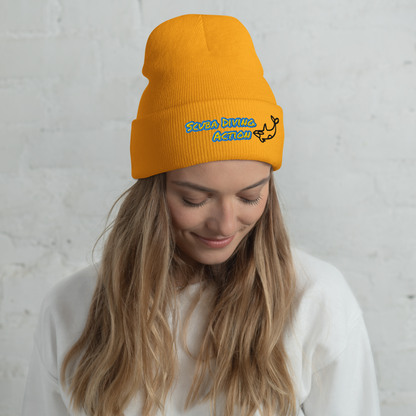 Gold Scuba Cuffed Beanie, ribbed knit with embroidered scuba action logo