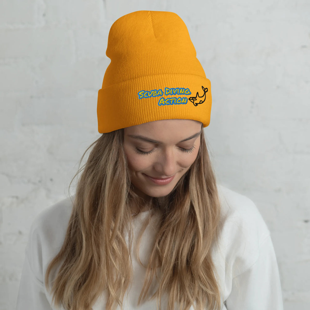 Gold Scuba Cuffed Beanie, ribbed knit with embroidered scuba action logo