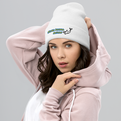 Scuba Cuffed Beanie in White, ribbed cuff with embroidered scuba action logo