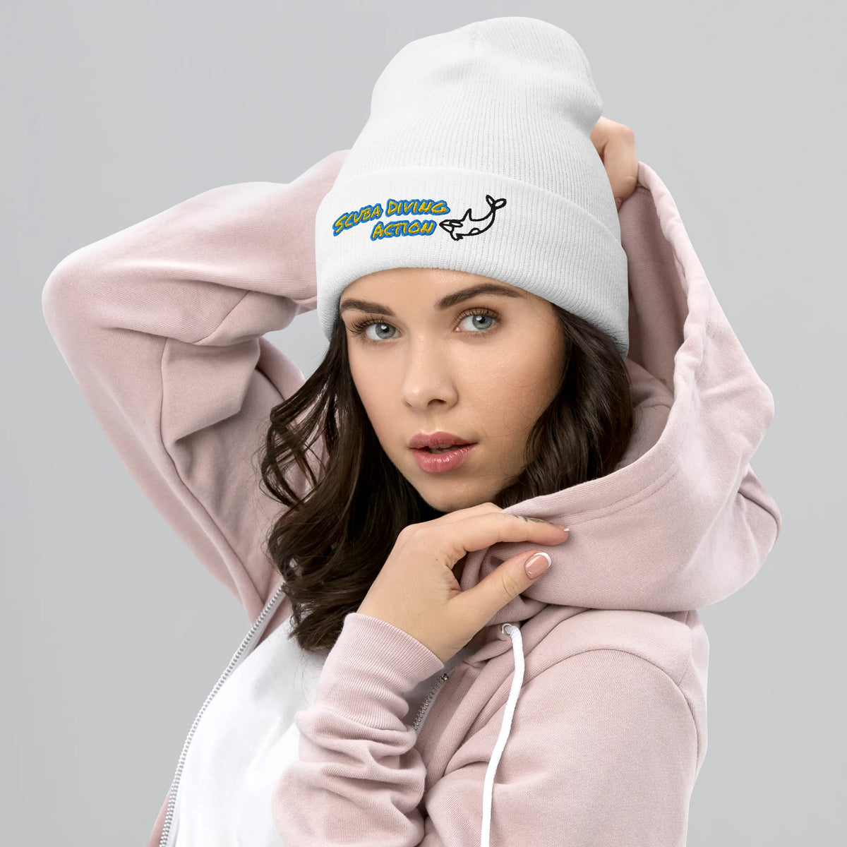 Scuba Cuffed Beanie in White, ribbed cuff with embroidered scuba action logo