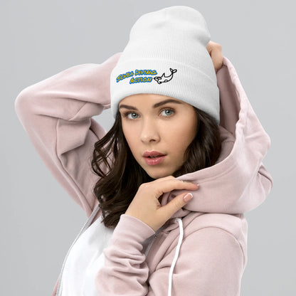 Scuba Cuffed Beanie in White, ribbed cuff with embroidered scuba action logo