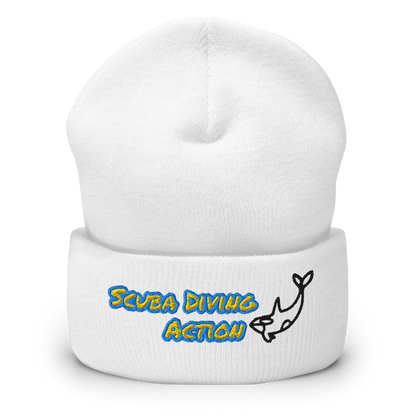 White Scuba Cuffed Beanie, ribbed knit with embroidered scuba action logo