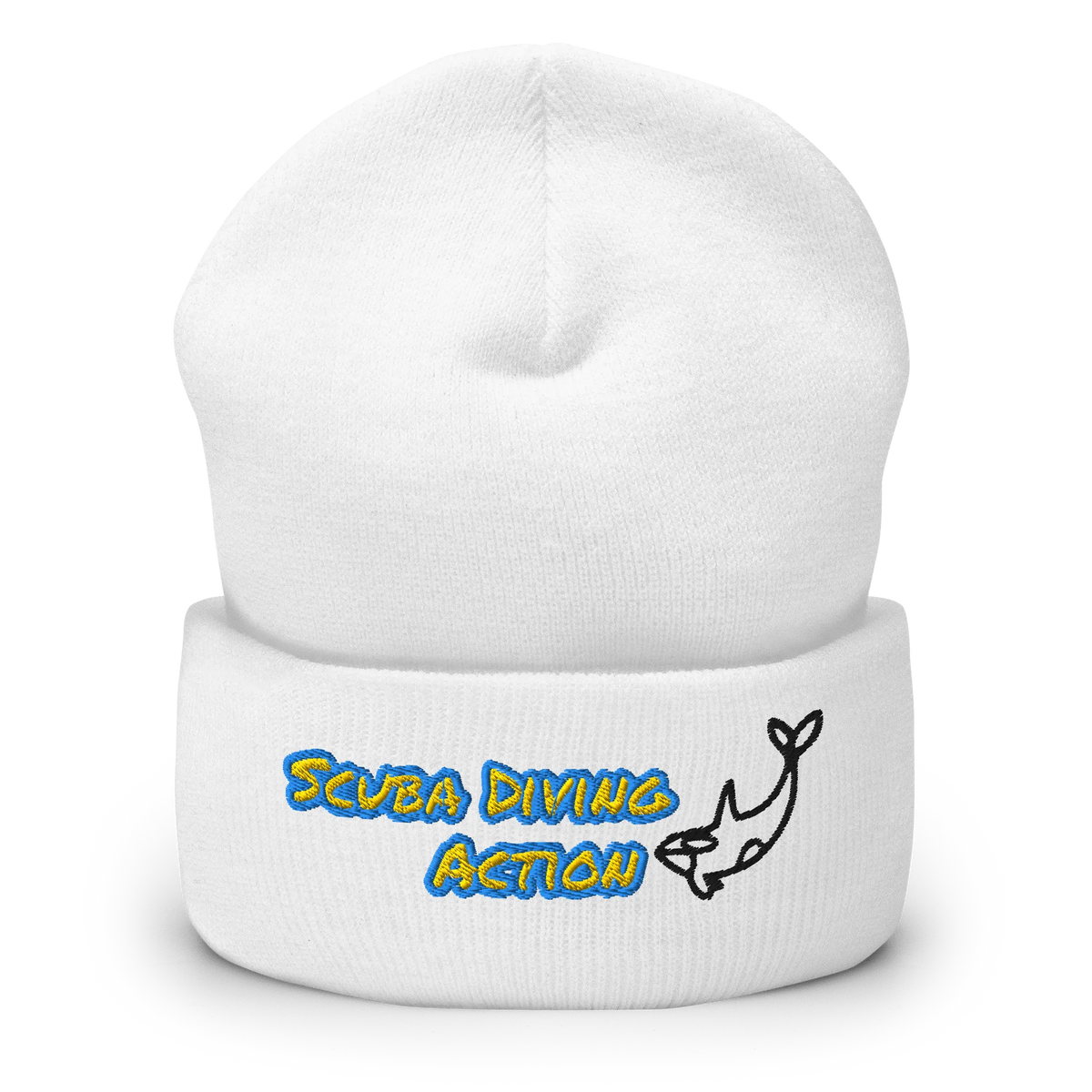 White Scuba Cuffed Beanie, ribbed knit with embroidered scuba action logo