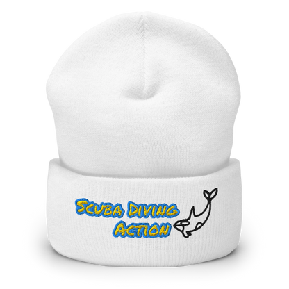 White Scuba Cuffed Beanie, ribbed knit with embroidered scuba action logo