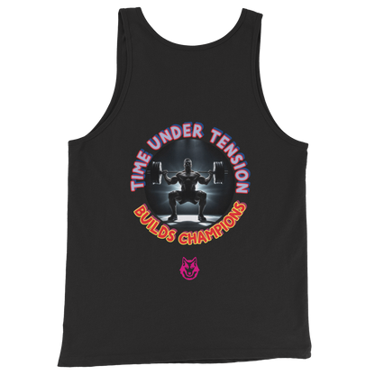 Men's Tank Top (Black) front graphic: Under Tension Build Champions, wolf icon