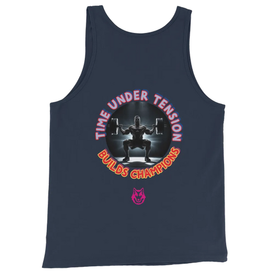 Men's Tank Top (Navy) with “Under Tension” circular graphic and small wolf icon