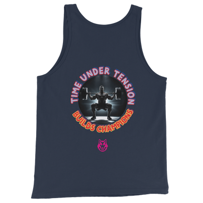 Men's Tank Top (Navy) with Under Tension Build Champions circular chest graphic