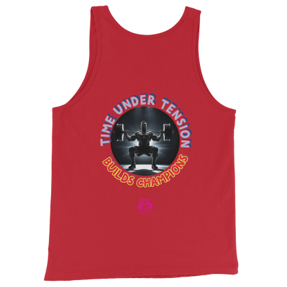Men's Tank Top (Red) with Under Tension Build Champions circular graphic and wolf