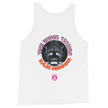 Men's Tank Top, weiß, großer Frontdruck „Time Under Tension“ und „Builds Champions“