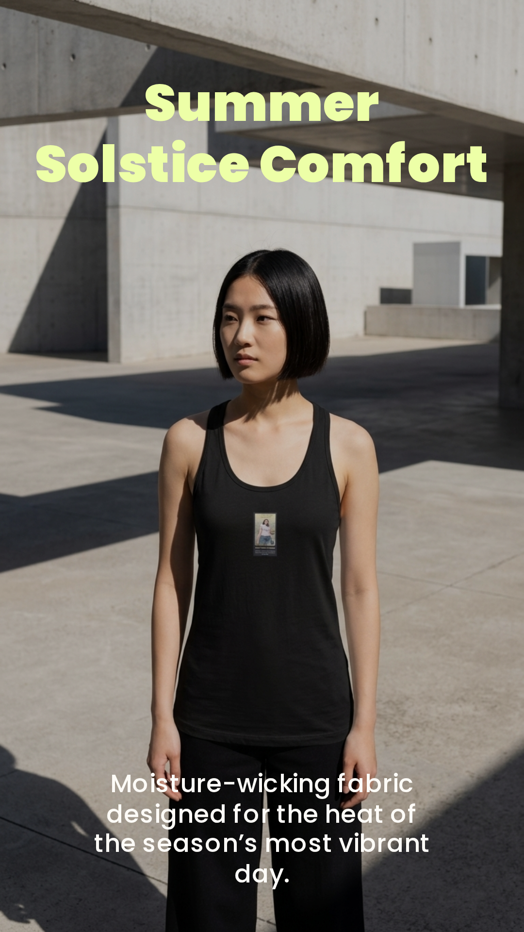 Women’s fitted racerback tank top, black front view with scoop neck and racerback