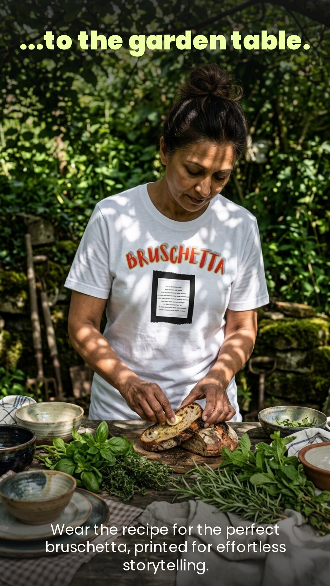 Light blue unisex T-shirt with front “BRUSCHETTA” text and recipe-style square print