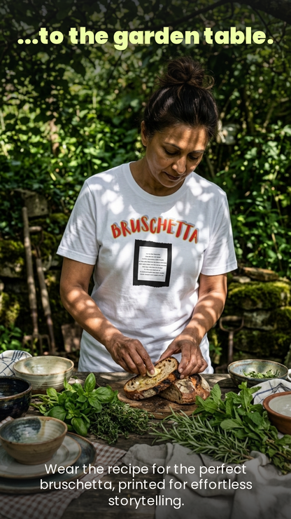 Light blue unisex T-shirt with front “BRUSCHETTA” text and recipe-style square print