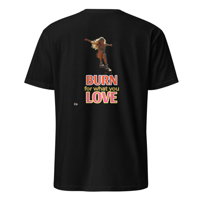 Black T-shirt, back print: skateboard girl, BURN for what you LOVE