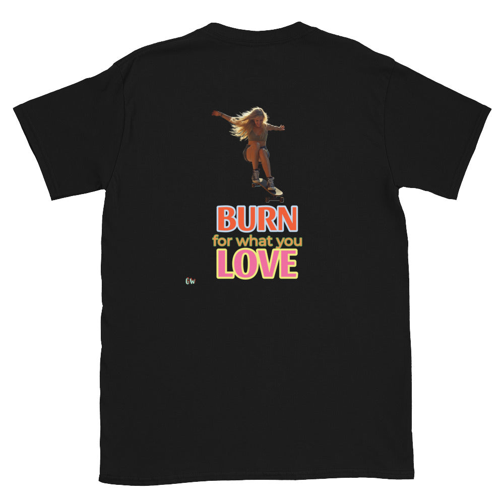 Black T-shirt, back graphic with skateboard girl and BURN LOVE lettering