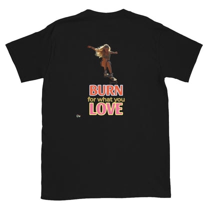 Black T-shirt, back graphic with skateboard girl and BURN LOVE lettering