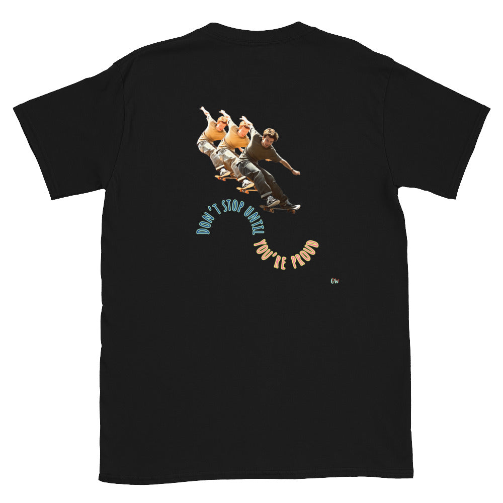 Black short-sleeve T-shirt with skateboard boy graphic on back