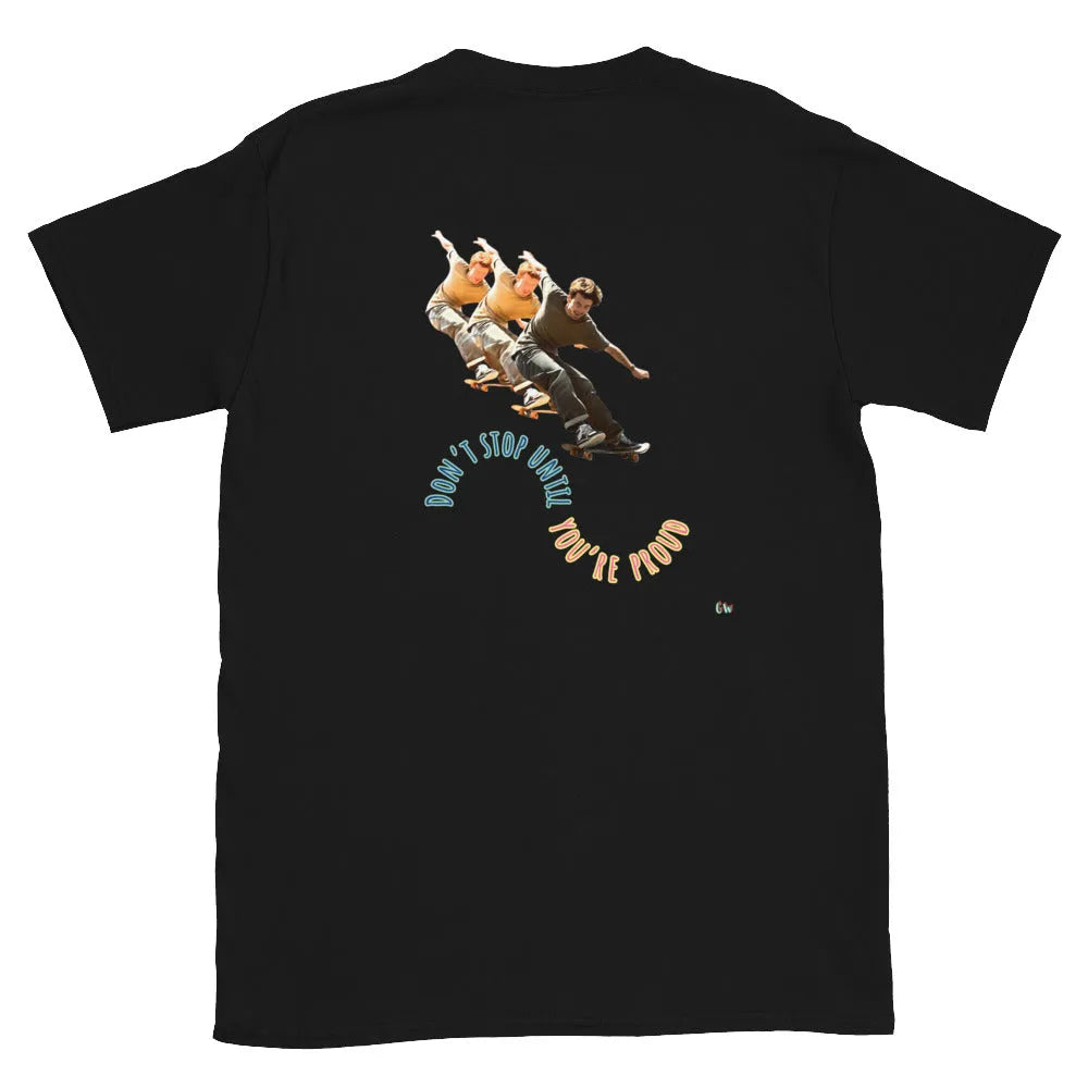 Black short-sleeve T-shirt with skateboard boy graphic on back