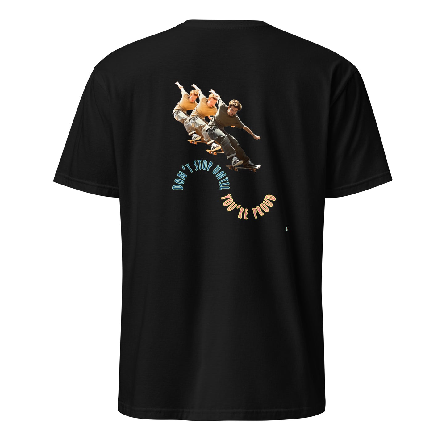 Black short-sleeve T-shirt with skateboard boy graphic on back view