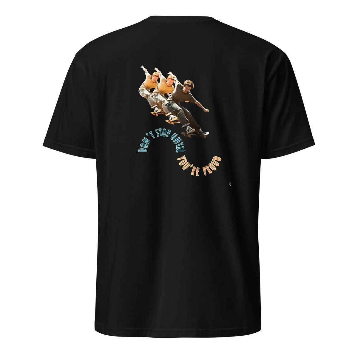 Black short-sleeve T-shirt with skateboard boy graphic on back view