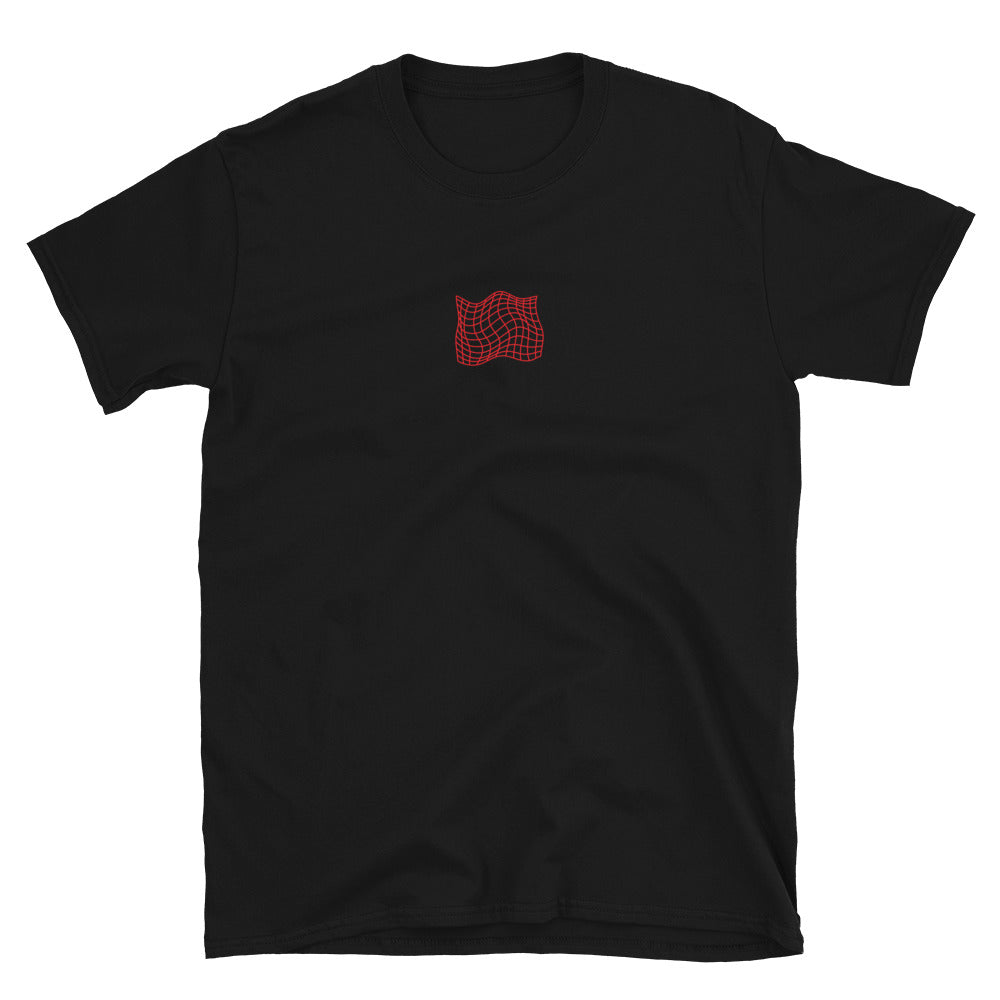 Black T-shirt front, small red grid-like graphic at center chest