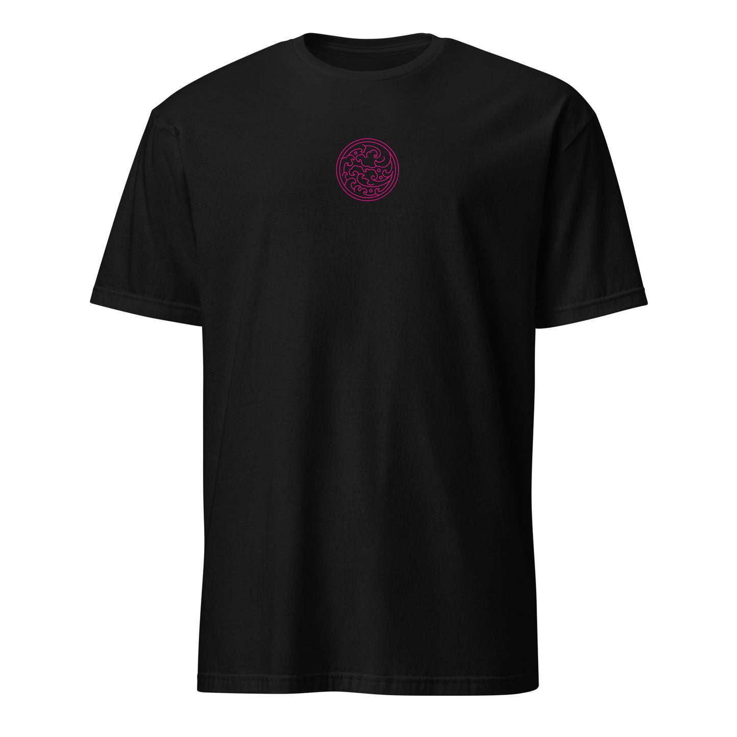 Black short-sleeve T-shirt with small circular swirl logo print on front