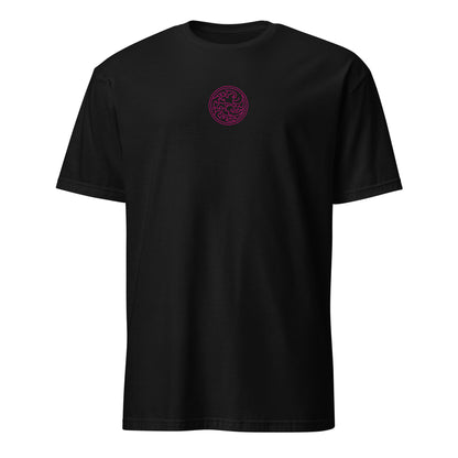 Black short-sleeve T-shirt with small circular swirl logo print on front