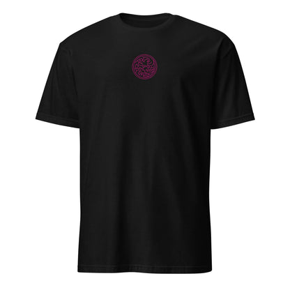 Black short-sleeve T-shirt with small circular swirl logo print on front